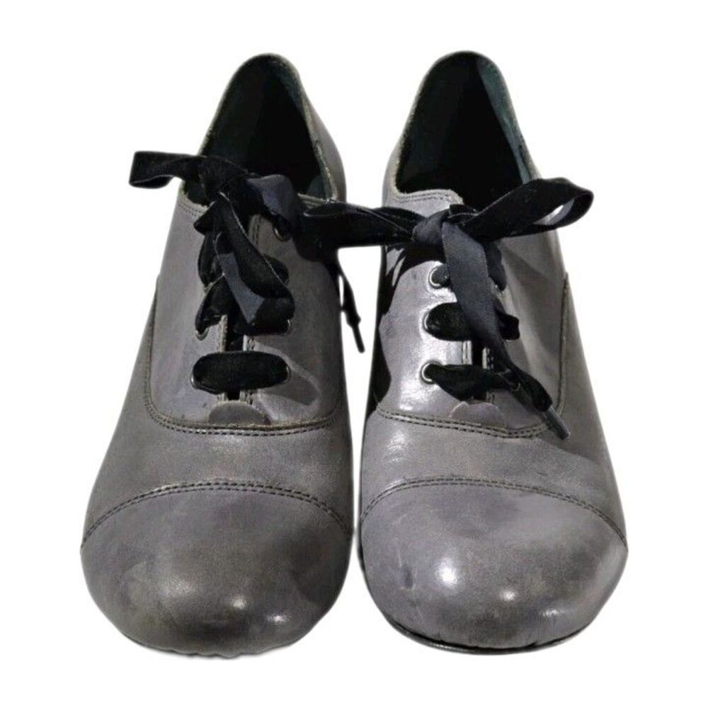 Børn "Jelena" Gray Burnished Leather Lace-Up Oxford Block Heels Women's -Size 11